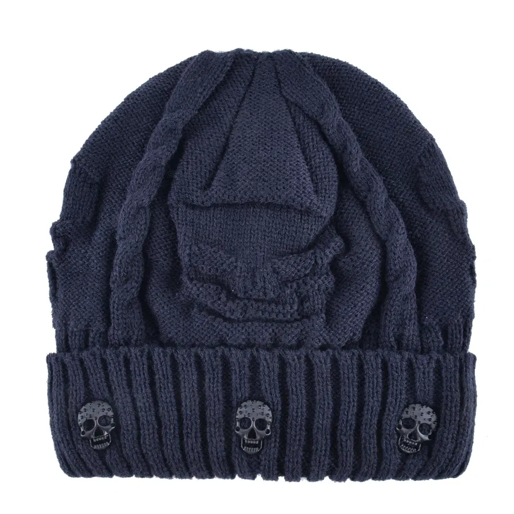 Color: Navy Blue, Size: 56/57 - Winter Beanies Men Knitted Skull Pattern Solid Color Hat With Metal Skulls Skullies Beanies Men's Knit Thick Hats Add Velvet