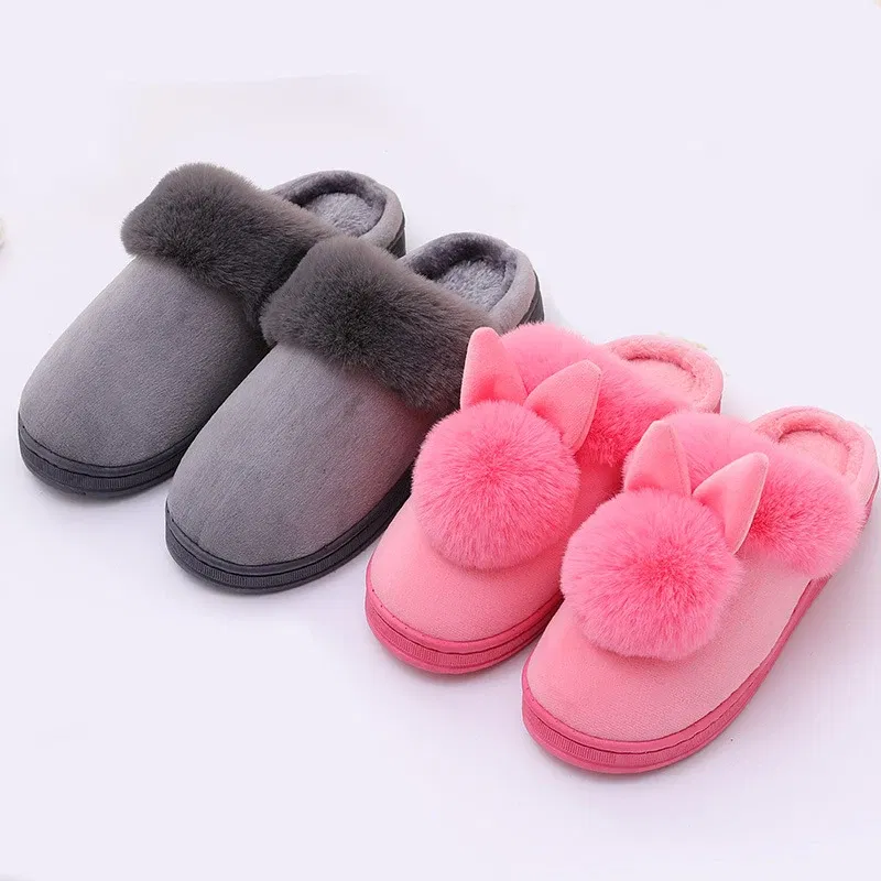 Color: GRAY, Shoe Size: 33.5 - Women Home Slippers Indoor Bedroom Light Couple Slipper Solid Soft Flip Flops Winter Warm Furry Plush Shoes