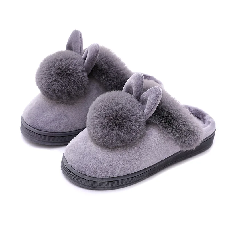 Color: GRAY, Shoe Size: 33.5 - Women Home Slippers Indoor Bedroom Light Couple Slipper Solid Soft Flip Flops Winter Warm Furry Plush Shoes