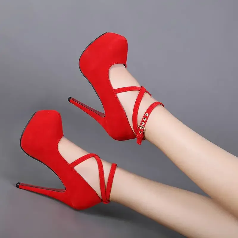 Color: Red, Shoe Size: 37 - Sexy Classic High Heels Women's Sandals Summer Shoes Ladies Strappy Pumps Platform Heels Woman Ankle Strap Shoes Sizes 34-42