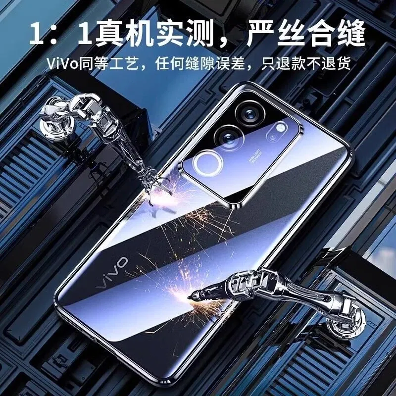 Color: black, Material: aluminum - 360 Full Case For Vivo V29 5G V27 Pro V27E V25 V23 Double Sided Magnetic Adsorption Metal Capa Tempering Glass Clear Phone Cover