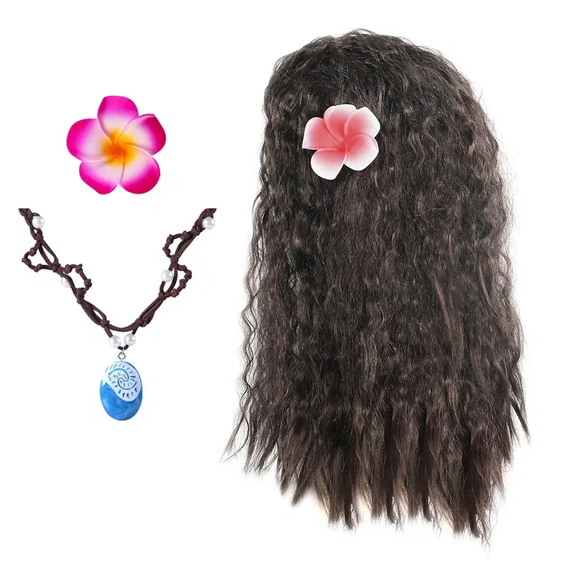 Color: PURPLE - Gilrs New Movie Moana 1&2 Wig and Necklace Flower Clip Dress Up Set Vaiana Costume Accessories Moana Pet Pig and Cock Xmas Gift