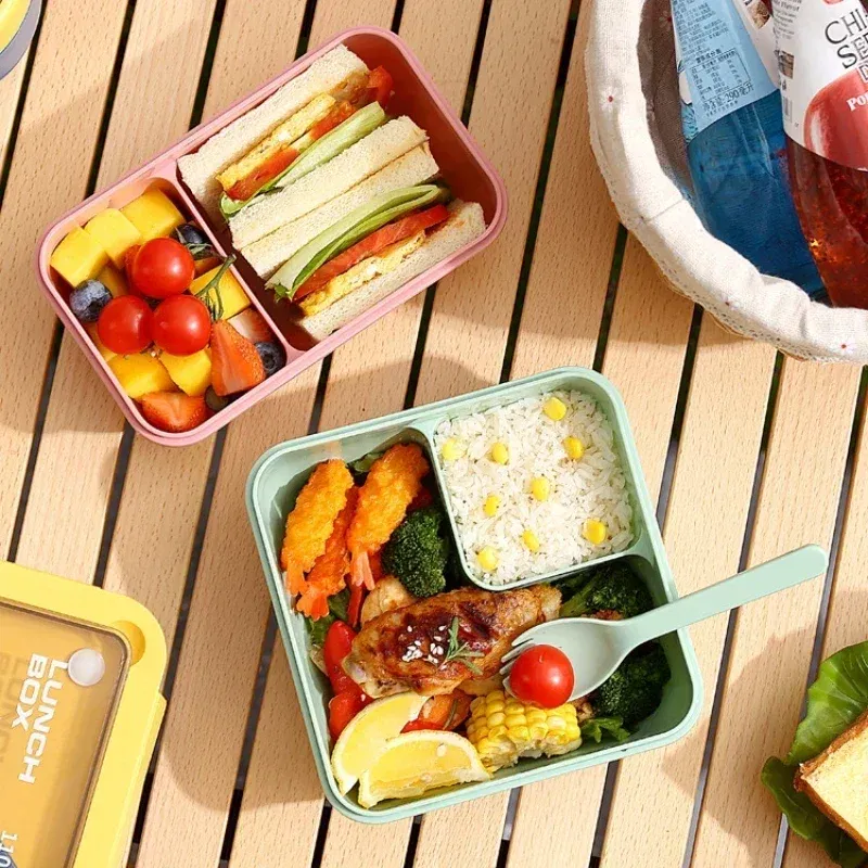 Color: Silver - Portable Lunch Box Lunch Bags for Children School Office Bento Box with Tableware Thermal Bag Complete Kit Microwavable Heating