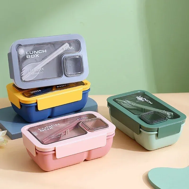 Color: Silver - Portable Lunch Box Lunch Bags for Children School Office Bento Box with Tableware Thermal Bag Complete Kit Microwavable Heating