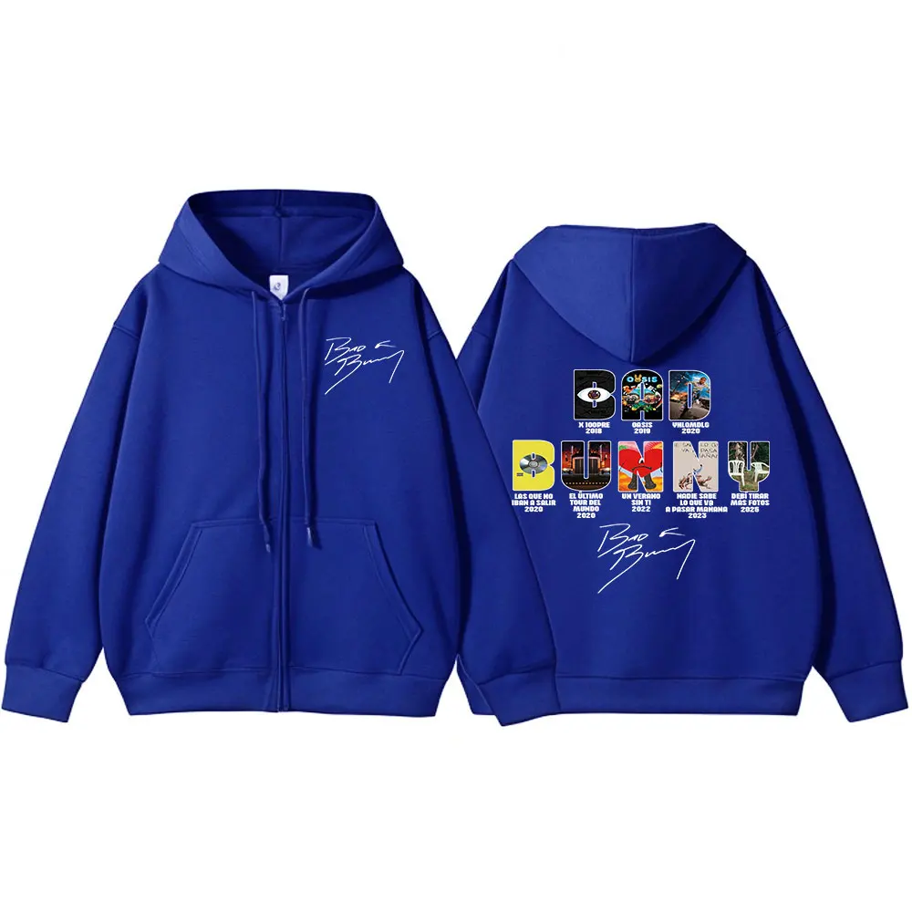Color: Gold, Size: XL - Rapper Bad Bunny Music Album Cover Print Zipper Hoodies Men Women Clothing Hip Hop Zip Up Sweatshirts Long Sleeve Hoodie Jackets