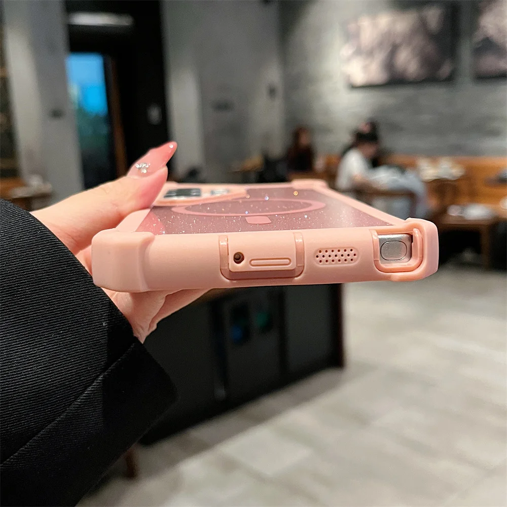 Color: Beige, Compatibility by Model: Galaxy S24+ - For Magsafe Clear Armor Bumper Glitter Phone Case For Samsung S25 Ultra S24 Plus Wireless Charging Shockproof Protective Cover