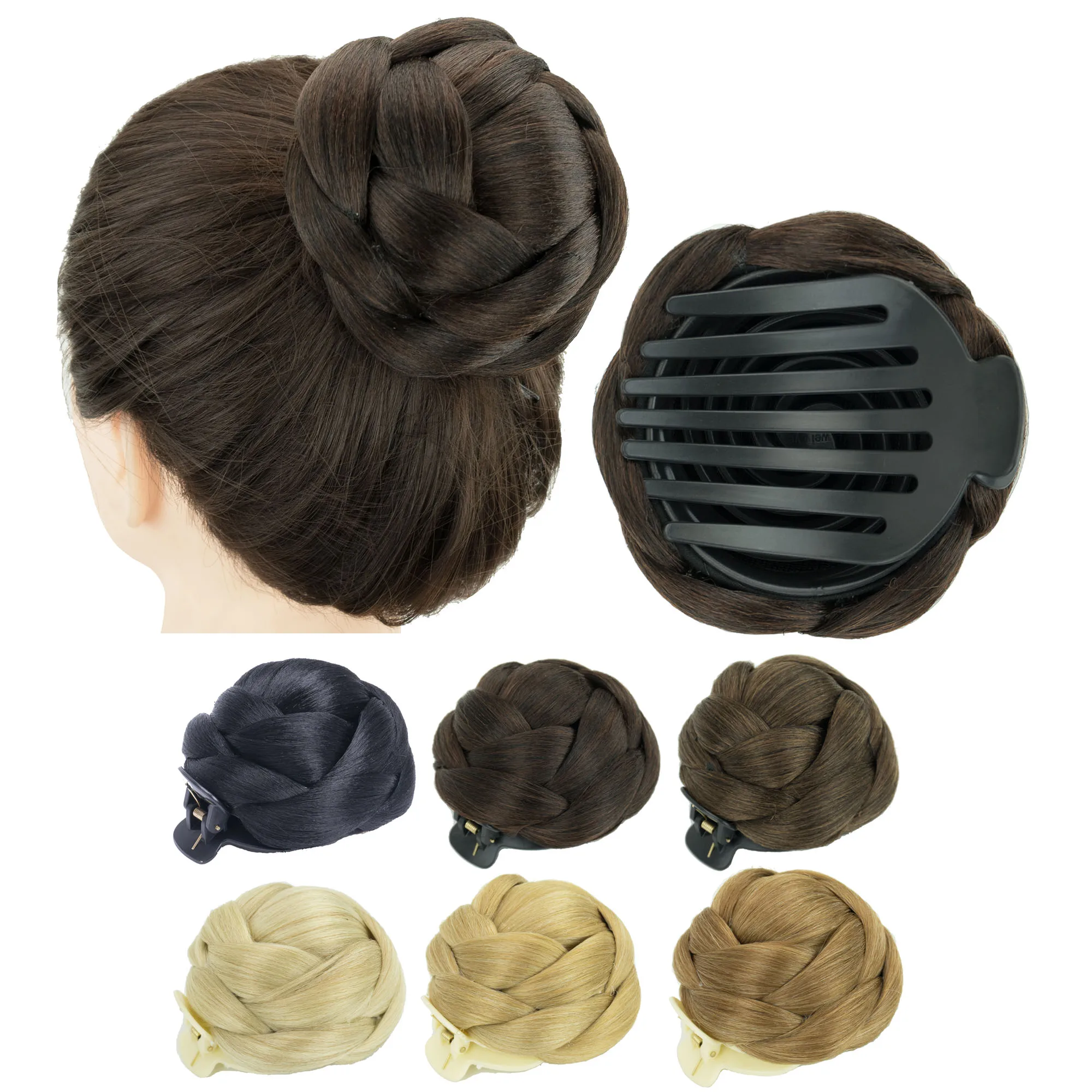 Color: #3 - Soowee Synthetic Hair Braided Chignon Dancer Hair Donut Hairpieces Scrunchie Claw Hair Bun Updo for Wedding Party