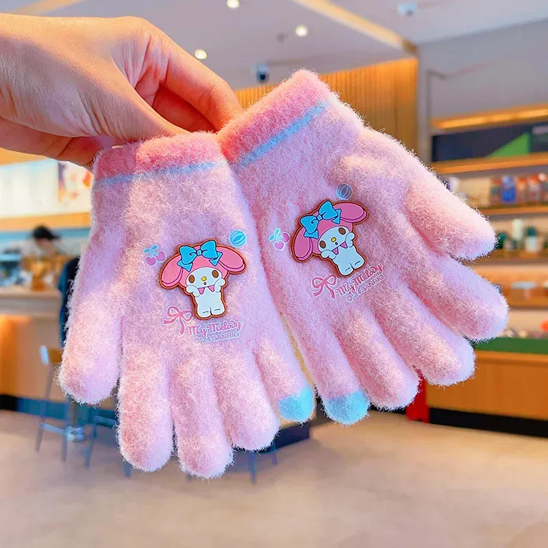 Color: Dark Grey - Sanrio Gloves Kawaii My Melody Kuromi Cold-Proof Winter Finger Gloves Plush Screen Touch Warm Children Toddler Christmas Gifts