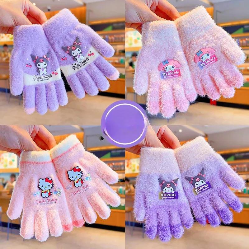 Color: Dark Grey - Sanrio Gloves Kawaii My Melody Kuromi Cold-Proof Winter Finger Gloves Plush Screen Touch Warm Children Toddler Christmas Gifts