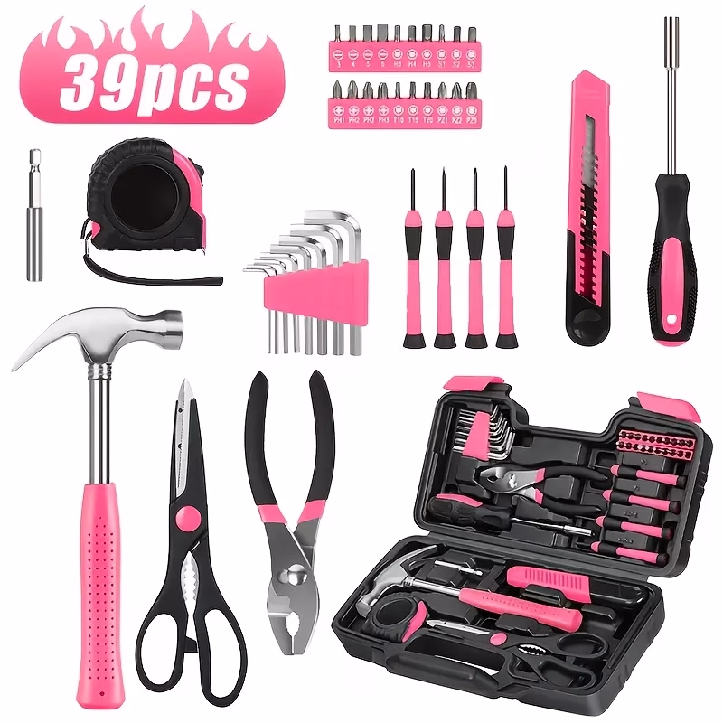 39pcs Pink Tool Set – Complete and Stylish Tools for Every Home DIYer