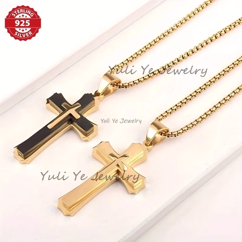 925 Silvery Plated Fashion Cross Necklace – Hip Hop Edgy Design with Timeless Appeal
