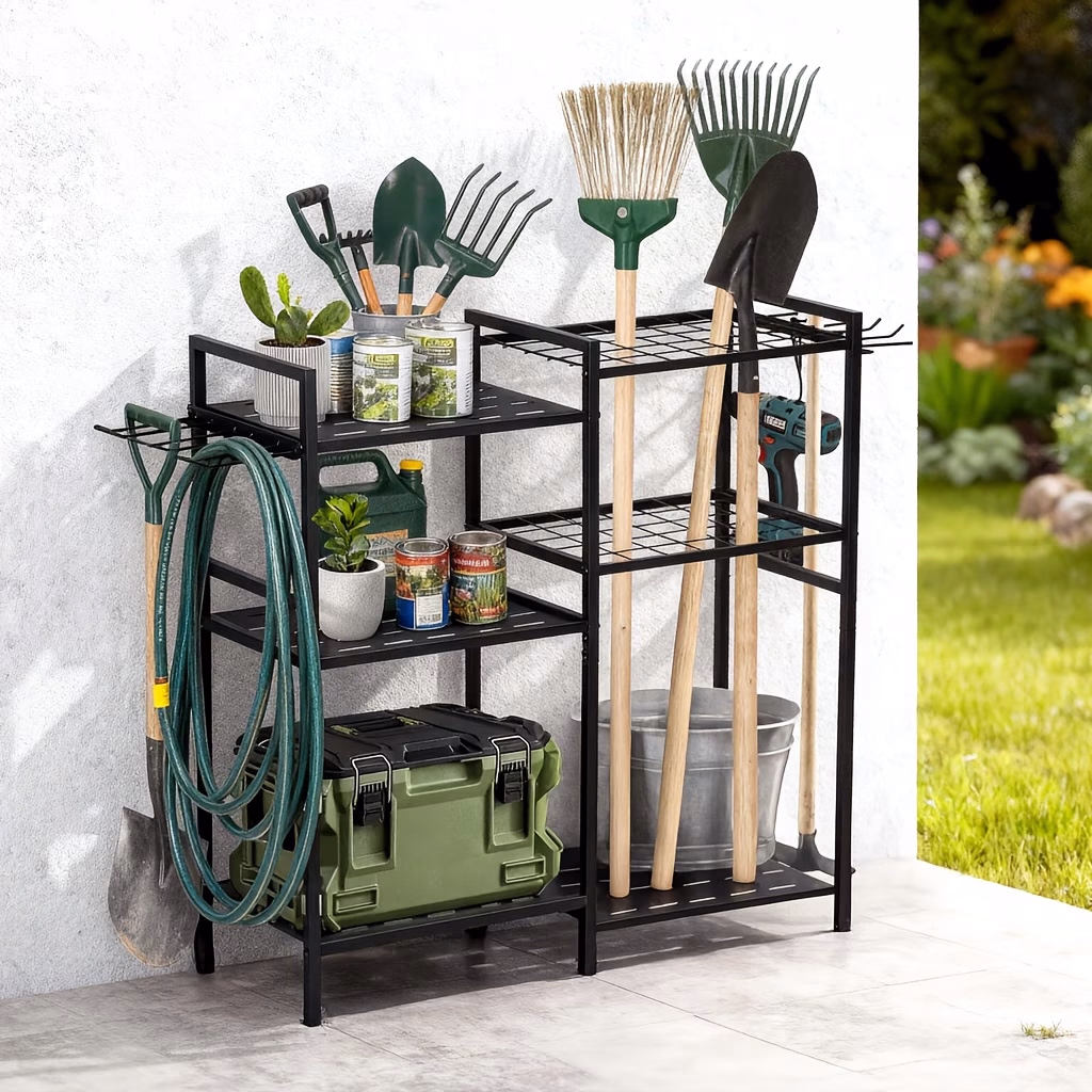 6 Tier Garden Tool Organizer – Heavy Duty Metal Garage Storage Rack for Yard & Shed