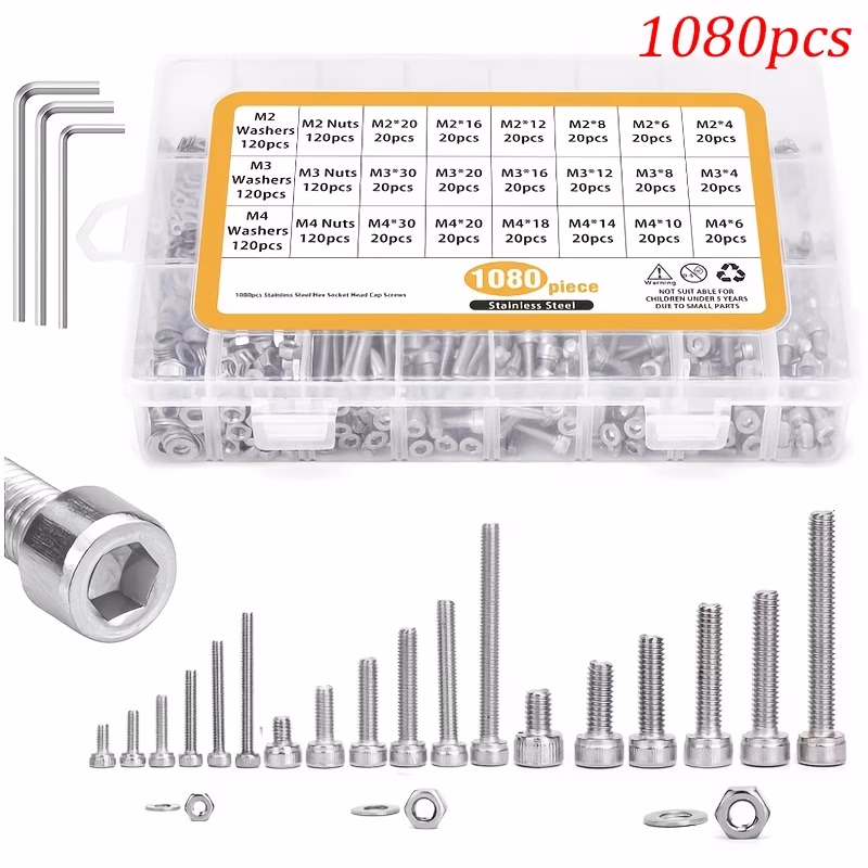 1080pcs M2, M3, and M4 Stainless Steel Screws, Bolts, Nuts, and Washers Set – Precision Fasteners for Electronics, Machinery, and Home Repairs