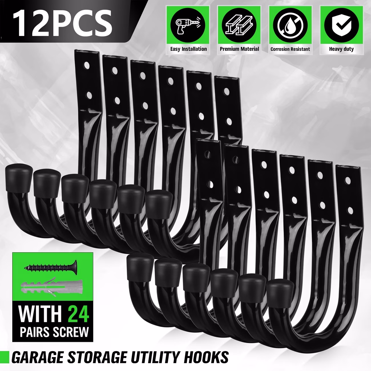 12pcs Heavy-Duty Powder-Coated Metal Garage Storage Hooks – Perfect for Ladders, Tools, and Workshop Organization