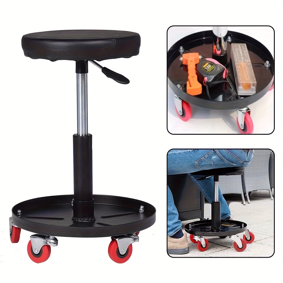 Adjustable Height Rolling Mechanic Stool with Tool Tray & 360° Swivel Casters – Comfort and Functionality for Your Workshop