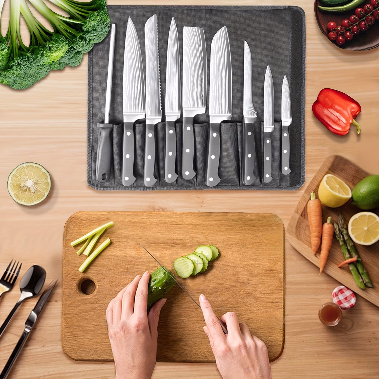 MissKitchen 10pcs Stainless Steel Knife Set with Knife Sheath and Bamboo Magnetic Knife Holder – Premium Kitchen Tools for Every Home Chef