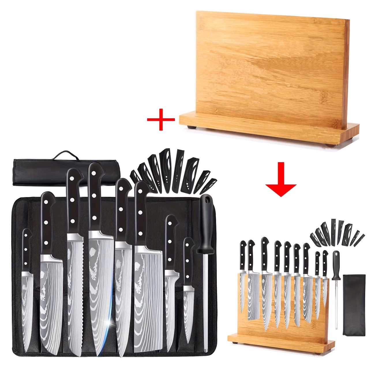 MissKitchen 10pcs Stainless Steel Knife Set with Knife Sheath and Bamboo Magnetic Knife Holder – Premium Kitchen Tools for Every Home Chef