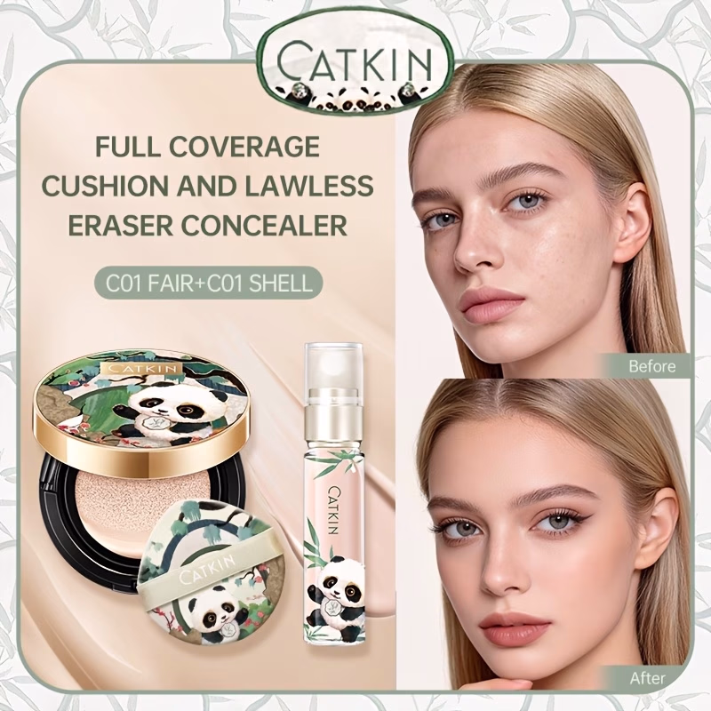 CATKIN 2pcs Panda Land Cushion Foundation & Flawless Eraser Concealer Set – Full Coverage for Dark Circles & Blemishes, Non-Greasy Texture, All-Day Wear