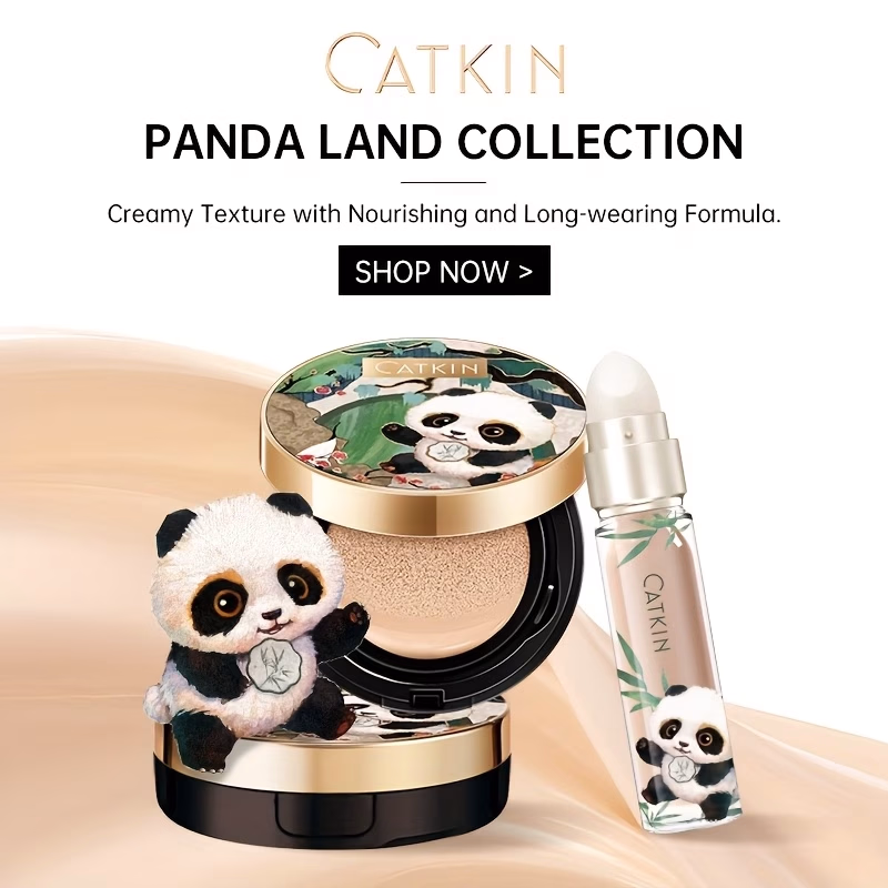 CATKIN 2pcs Panda Land Cushion Foundation & Flawless Eraser Concealer Set – Full Coverage for Dark Circles & Blemishes, Non-Greasy Texture, All-Day Wear