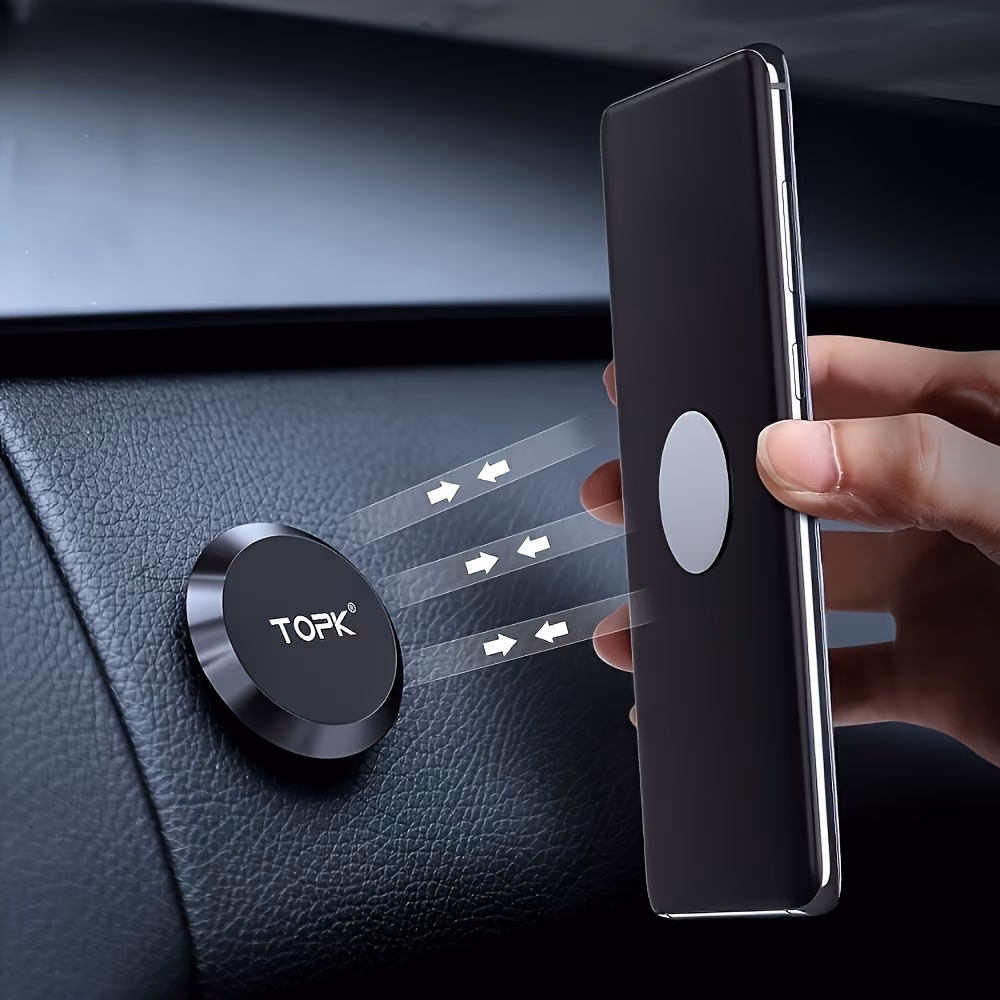 TOPK 360° Free Rotation Magnetic Car Phone Holder Stand – Universal Flat Stick-on Dashboard Holder with Metal Plate