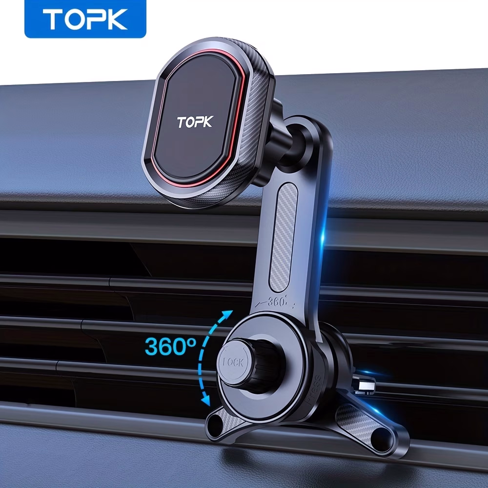 TOPK D37T Magnetic Car Phone Mount – 3-Point Support with 360° Rotation, Extendable Arm, and Powerful Magnetic Phone Holder for Cars