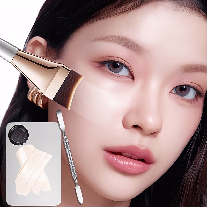 Novo 3pcs/Set Makeup Mixing Palette with Foundation Brush – Fishtail Flat Top Brush, Stainless Steel Spatula, and Palette for Flawless Blending and Coverage