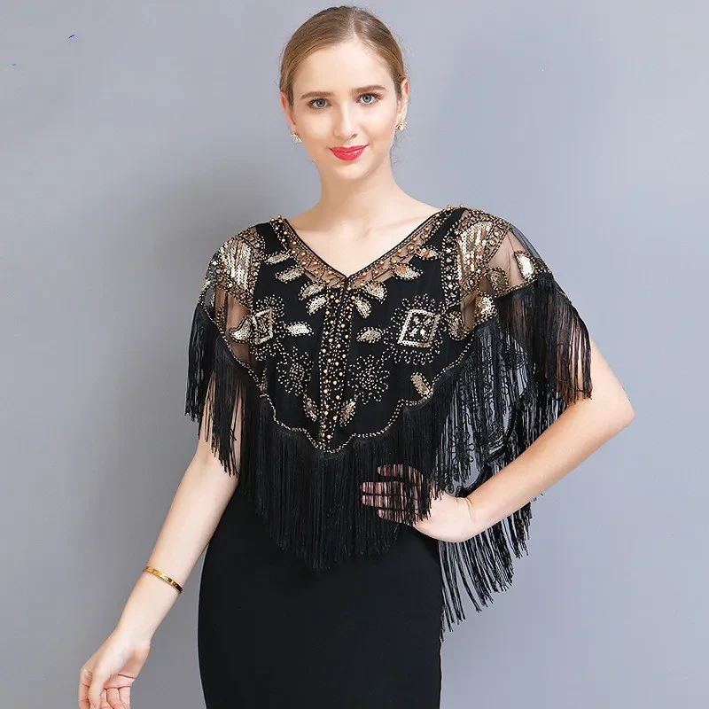 Womens Sequin Decor Fringe Hem Fashionable Shawl