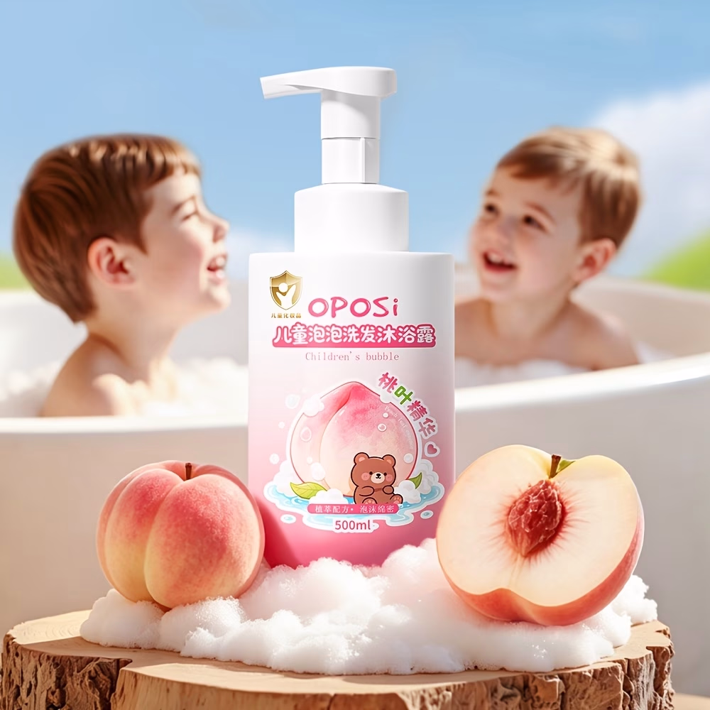 OPOSI Kids' Bubble Shampoo and Bath Gel – 500ml, Fresh Peach Fragrance, Gentle Cleansing, Long-Lasting Moisturizing, One-Press Wash, Convenient, No Need to Rub Foam, Rich Foam, Shampoo and Bath in One