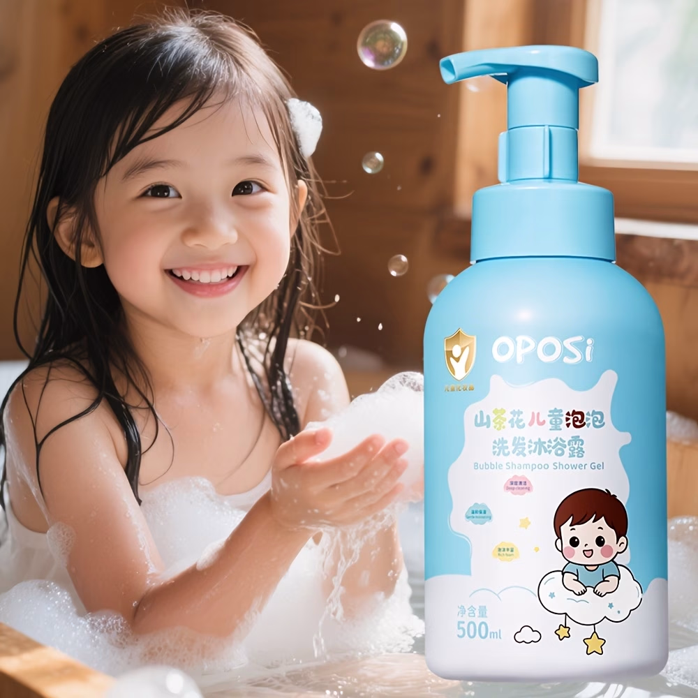 OPOSI Camellia Bubble Shampoo and Bath Gel – 500ml, Plant-Based Ingredients, No Need to Rub for Foam, Press to Dispense Foam, Fine Foam, Kids' Shampoo and Bath 2-in-1, Gentle, Long-Lasting Moisturizing, Caring for Skin