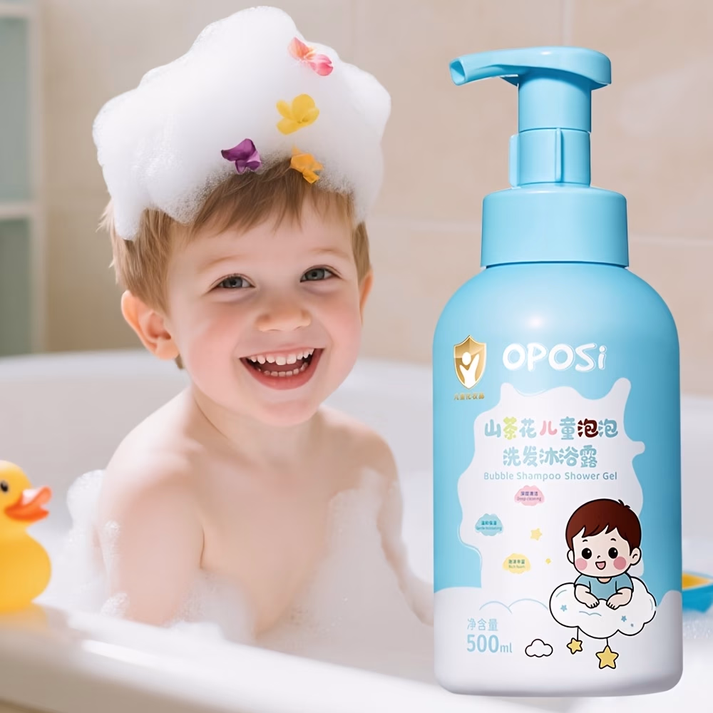 OPOSI Camellia Bubble Shampoo and Bath Gel – 500ml, Plant-Based Ingredients, No Need to Rub for Foam, Press to Dispense Foam, Fine Foam, Kids' Shampoo and Bath 2-in-1, Gentle, Long-Lasting Moisturizing, Caring for Skin
