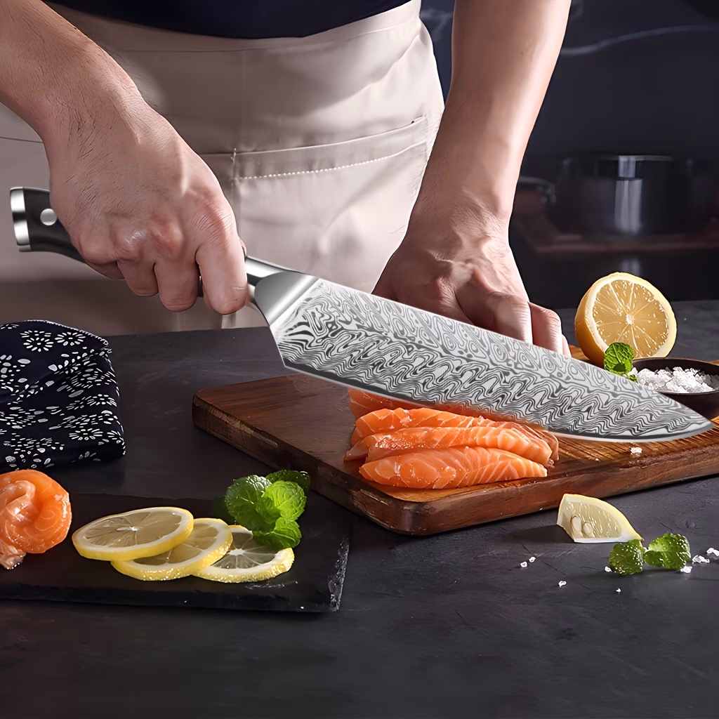 5pcs Damascus Patterned Chef's Knife Set – Japanese & German Knives with Sharpening Stone