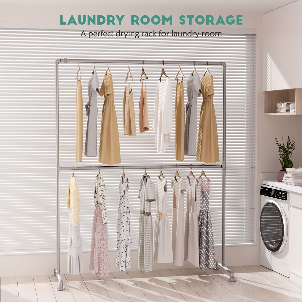 Industrial Freestanding Clothing Rack – Double-Bar Design with Malleable Iron Pipe Frame