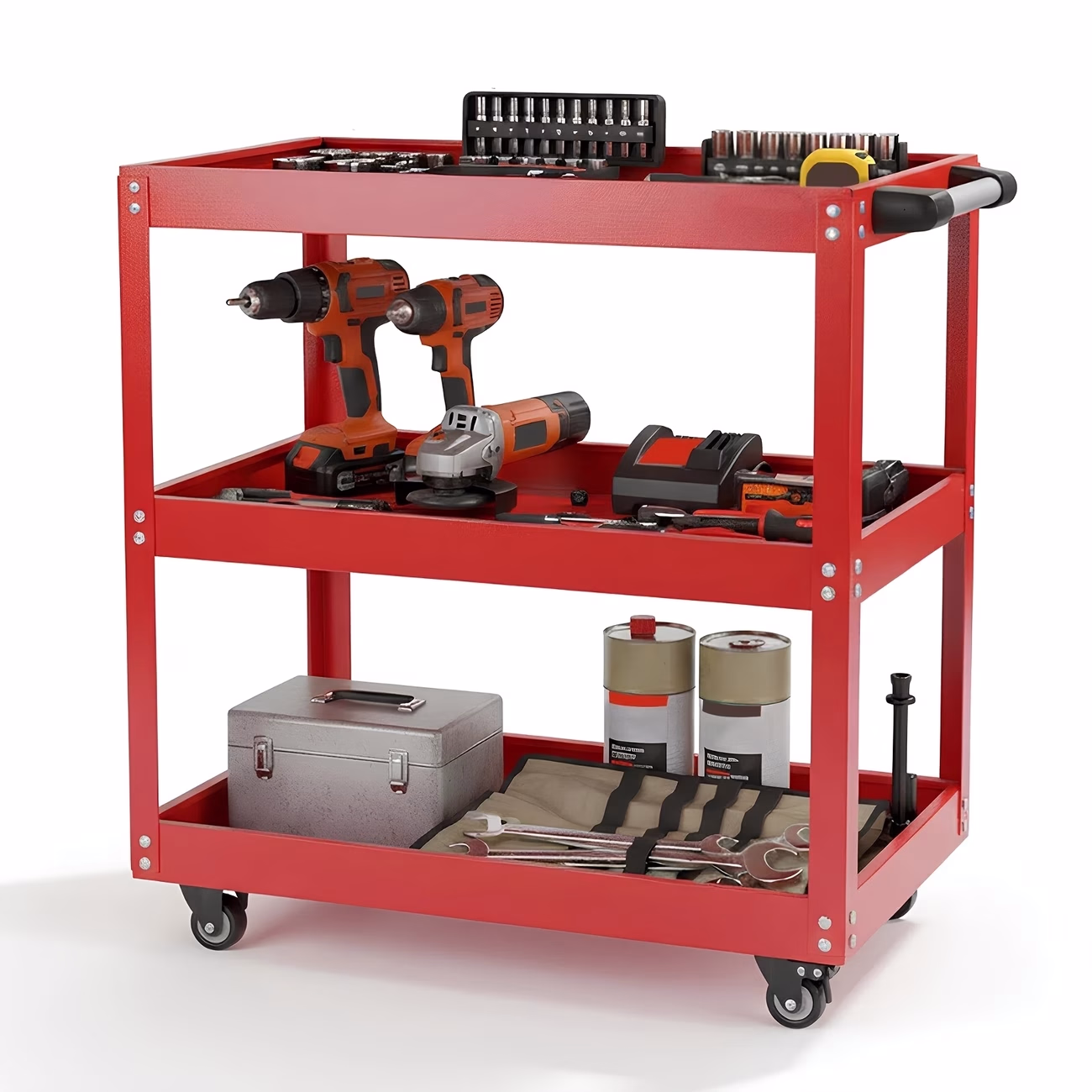 3-Tier Red Rolling Tool Cart Trolley – 100kg Capacity with 4 Swivel Casters