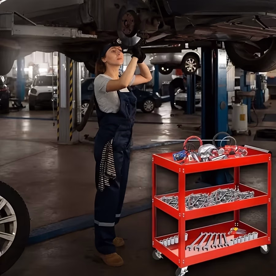 3-Tier Red Rolling Tool Cart Trolley – 100kg Capacity with 4 Swivel Casters