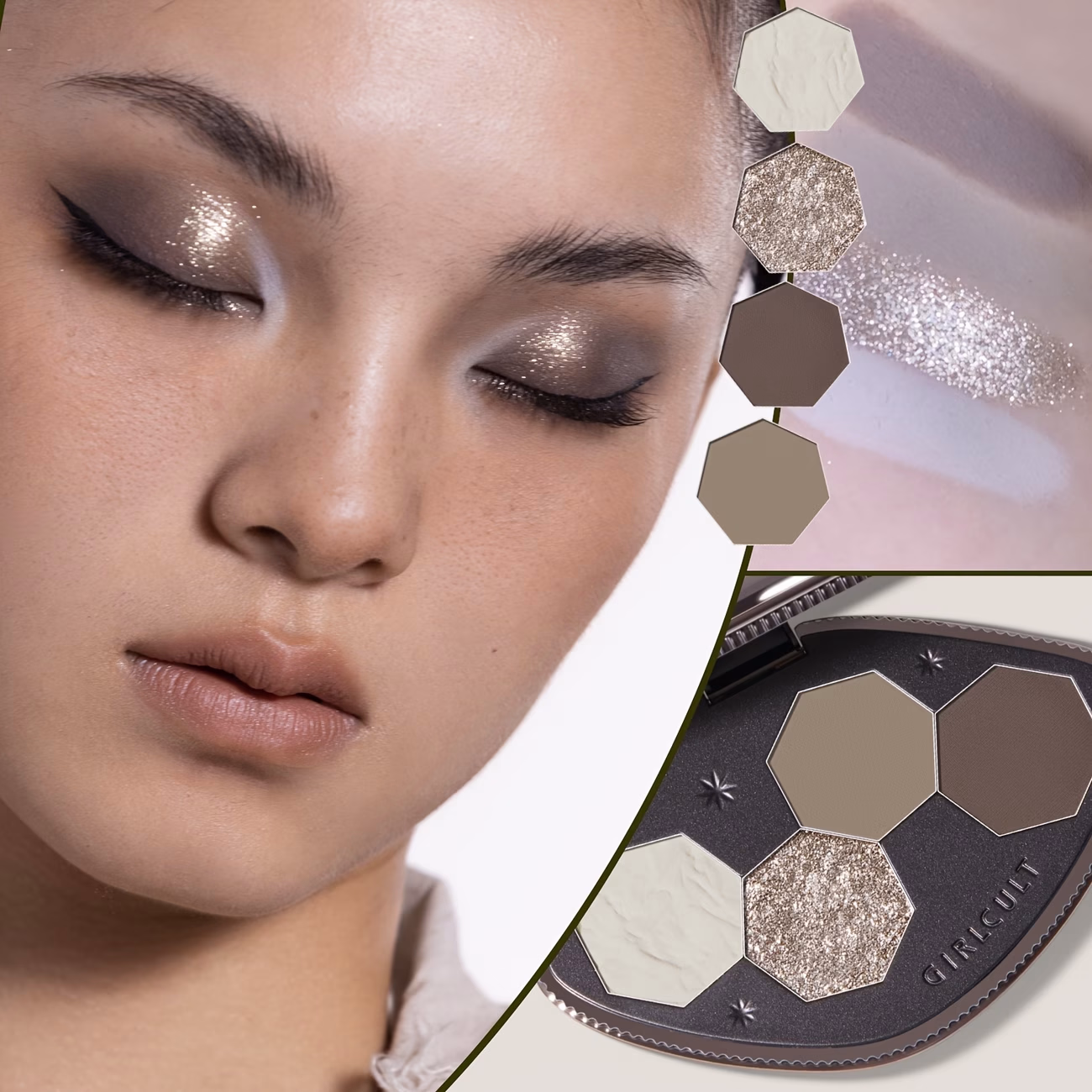 GIRLCULT Silvery-grey Quad Eyeshadow – Shimmering Glitter and Bold Matte Shades