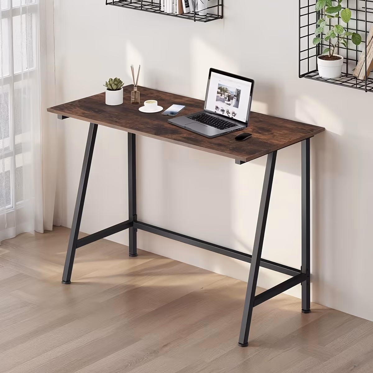 Walnut Wood Grain Study Desk with Powder-Coated Metal Frame – Adjustable Feet and 100kg Capacity