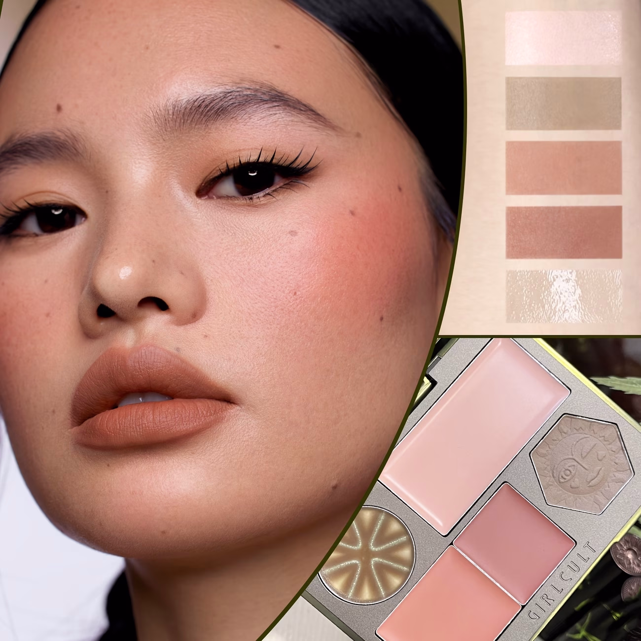 GIRLCULT Gel-Like Face Contour Palette – Peach Pink Blush, Shimmering Highlighter, and Brown Shadow for Contouring