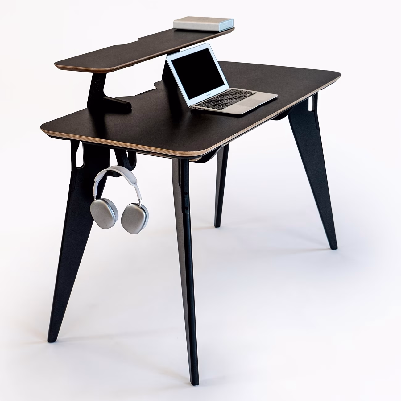 Computer Desk with Monitor Shelf & Side Hook – Modern Black Writing Table with Storage