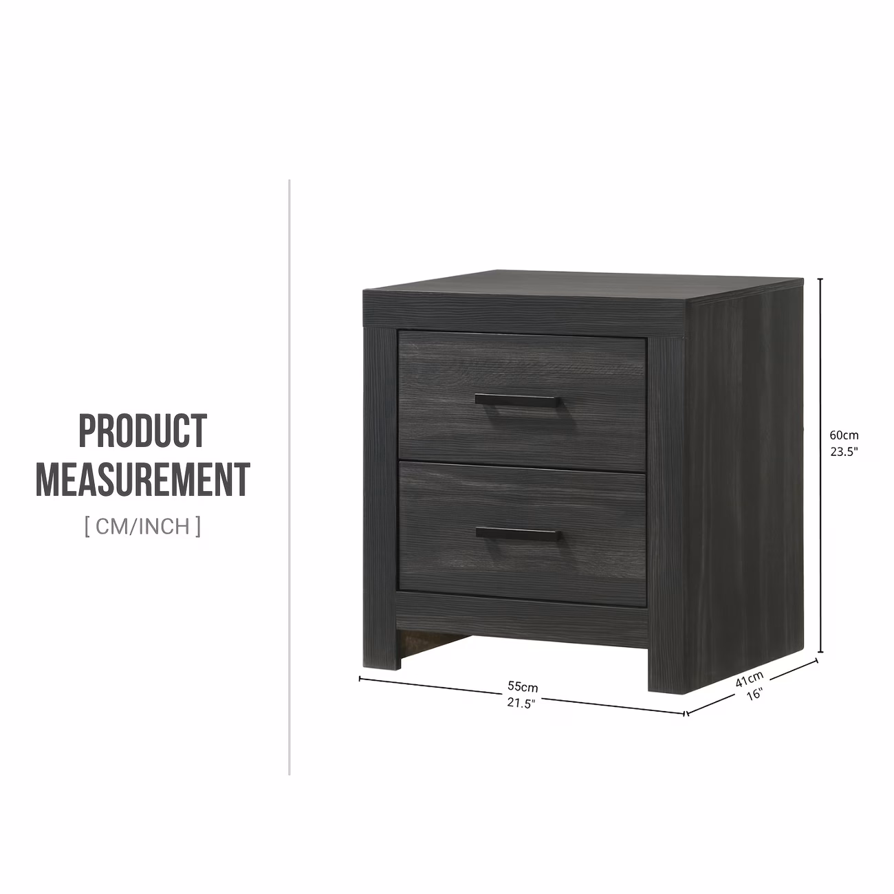 Modern 2-Drawer Bedside Table – Charcoal Wood Grain Nightstand with Recessed Handles