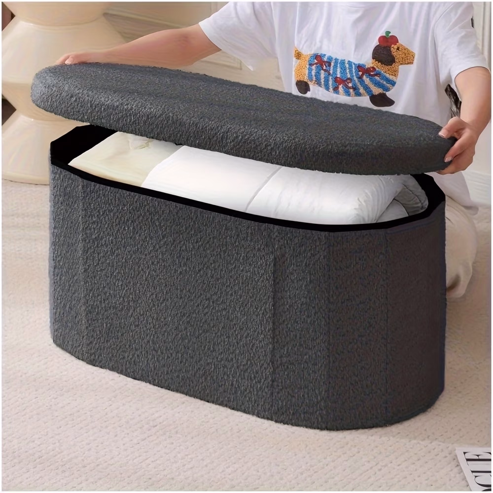 Foldable Storage Bench with Ottoman Chair – Oval Boucle Bench for Small Spaces