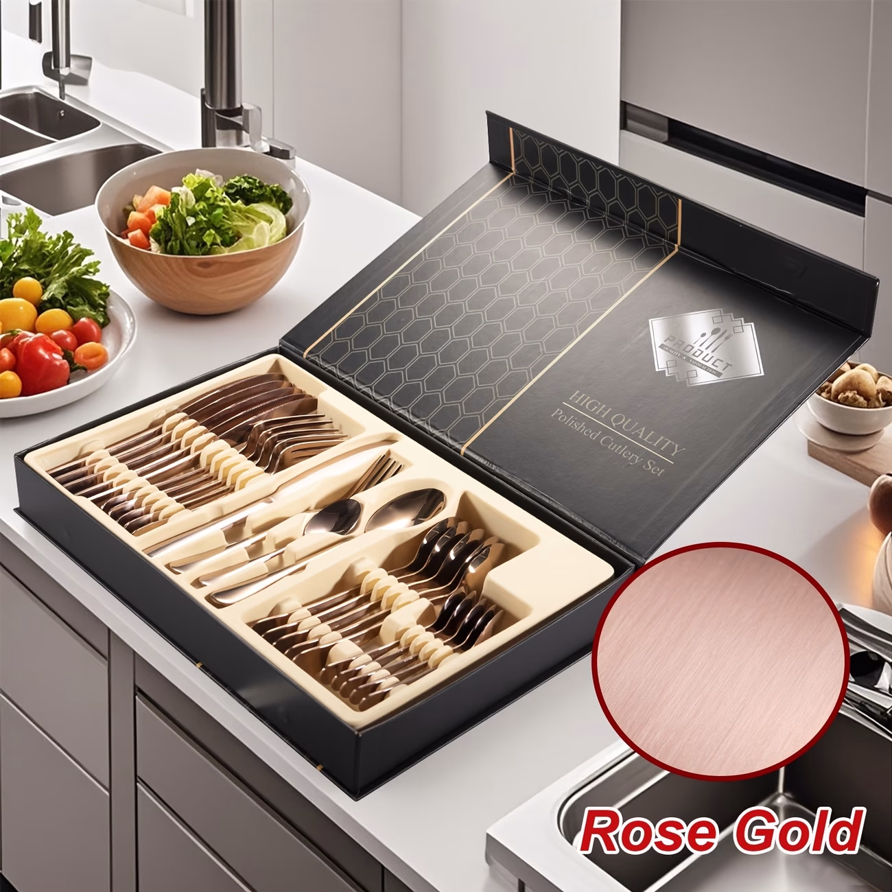 24pcs Rose Golden Stainless Steel Cutlery Set – Dinner Knife, Fork, and Spoon
