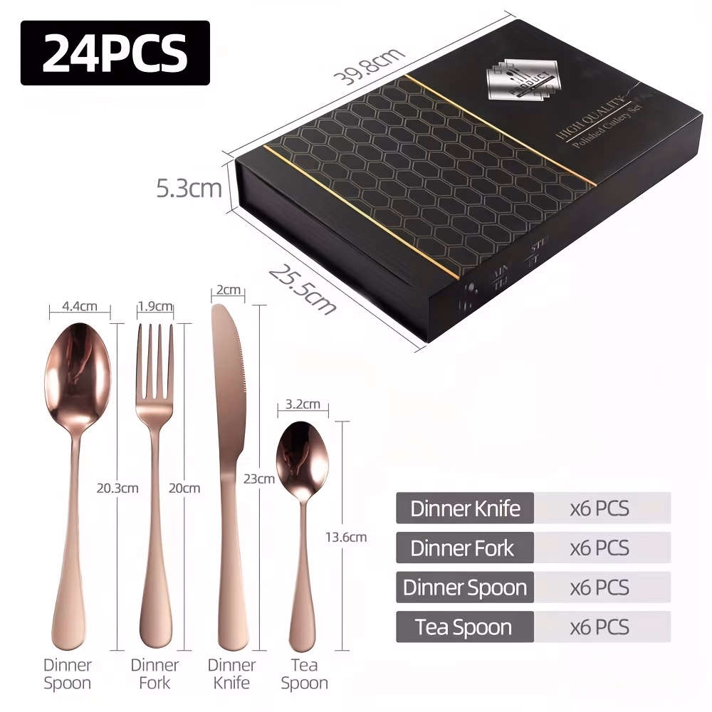 24pcs Rose Golden Stainless Steel Cutlery Set – Dinner Knife, Fork, and Spoon