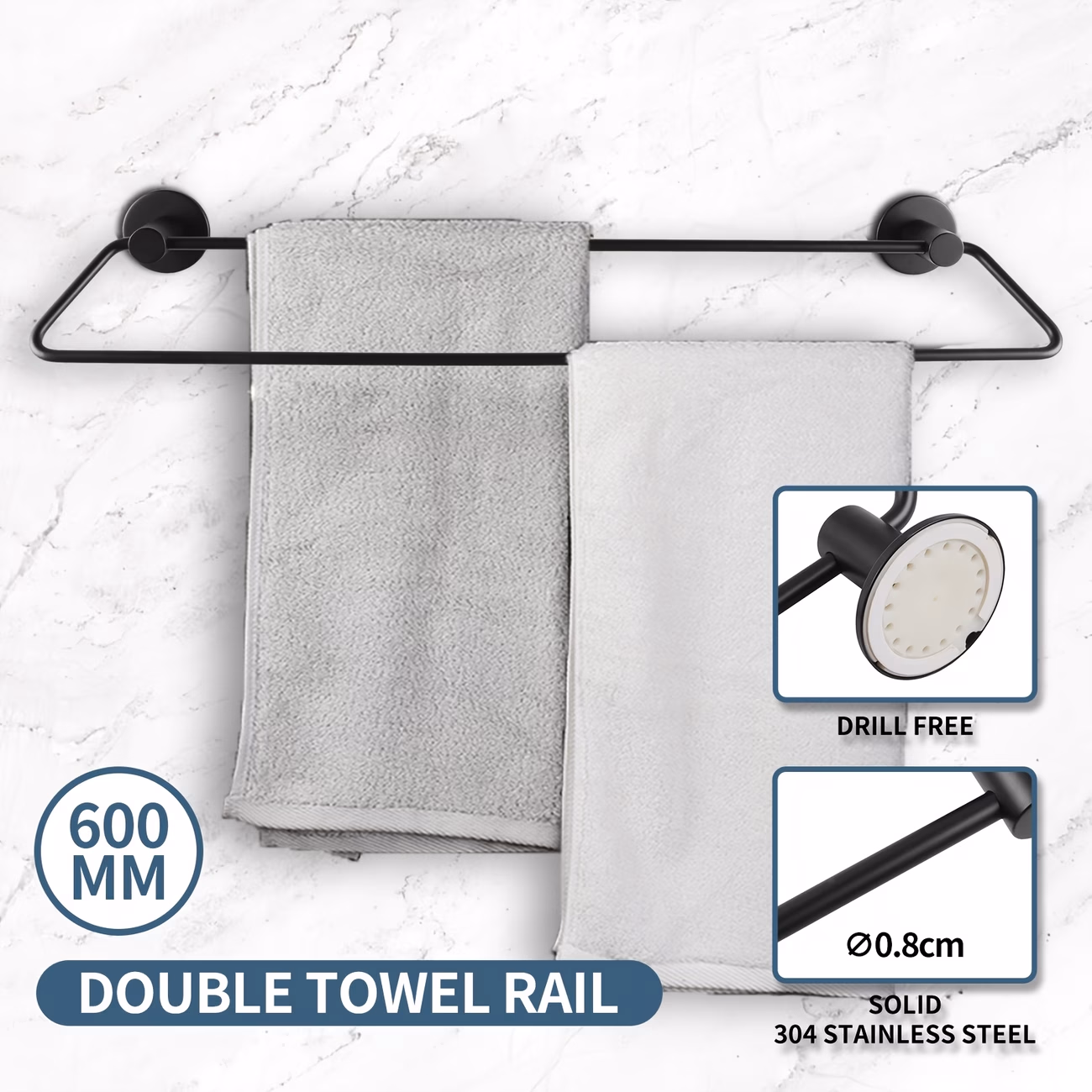 304 Stainless Steel Wall Mounted Drill-Free 600mm Self-Adhesive Double Towel Rail