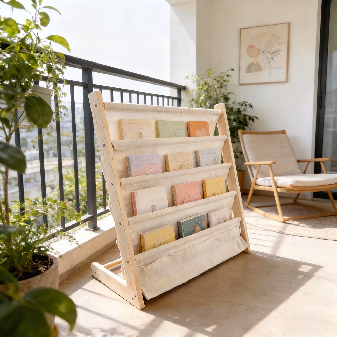 5-Tier Natural Bedside Bookshelf with Fabric Pockets – Freestanding Tilted Book Storage Shelf