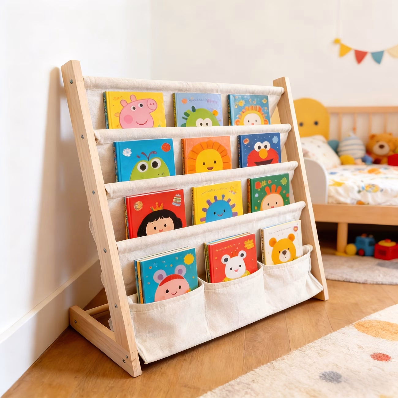 5-Tier Natural Bedside Bookshelf with Fabric Pockets – Freestanding Tilted Book Storage Shelf