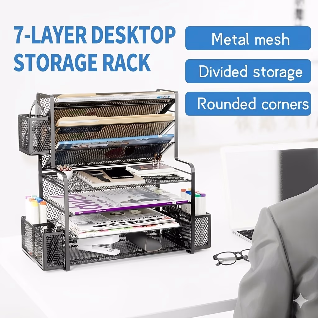 7-Tier Mesh Desk Organizer – Multifunctional Document and Letter Tray with Side Pen Holders