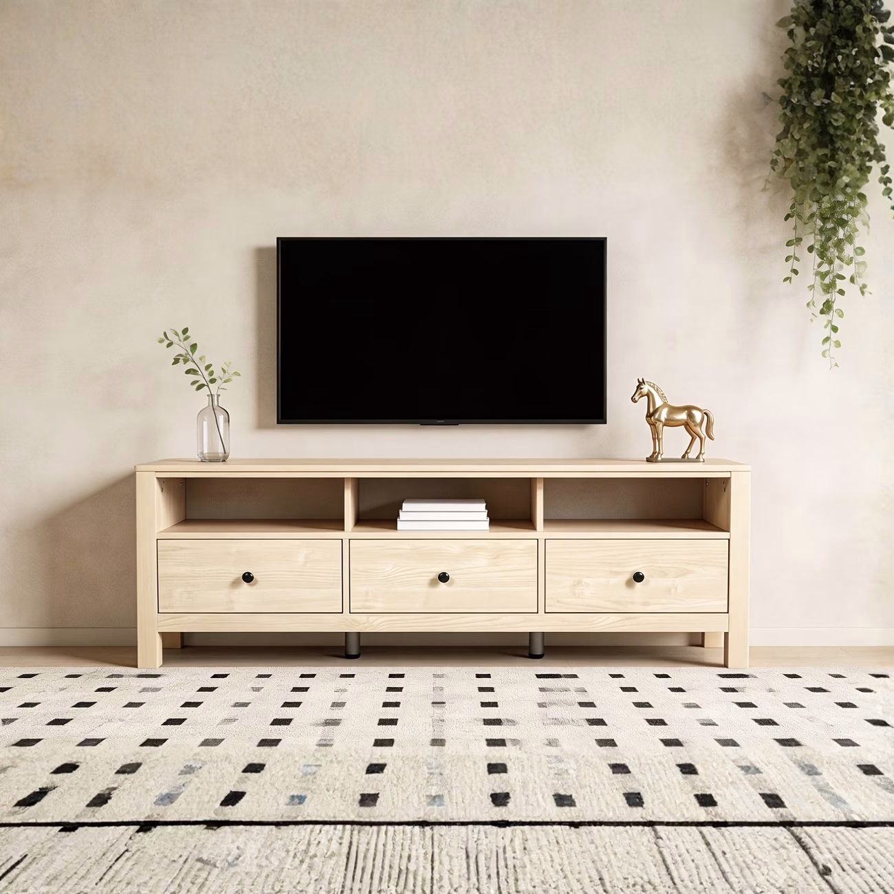 3-Drawer TV Stand with Open Shelves – Wood-Look Media Console with Cable Management