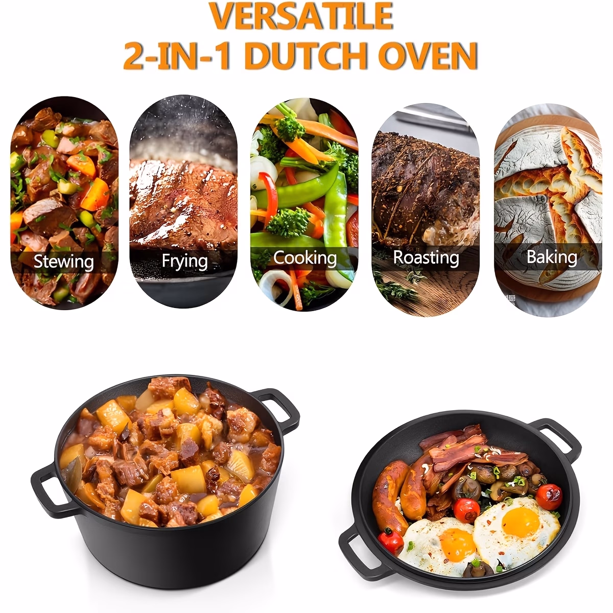 2-in-1 Heavy-Duty Cast Iron Dutch Oven & Dutch Pot Set with Lid