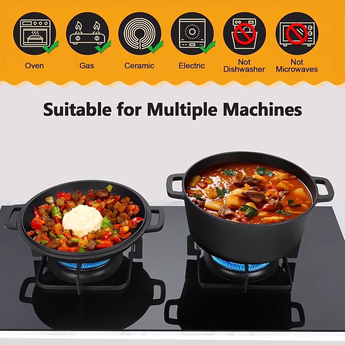 2-in-1 Heavy-Duty Cast Iron Dutch Oven & Dutch Pot Set with Lid