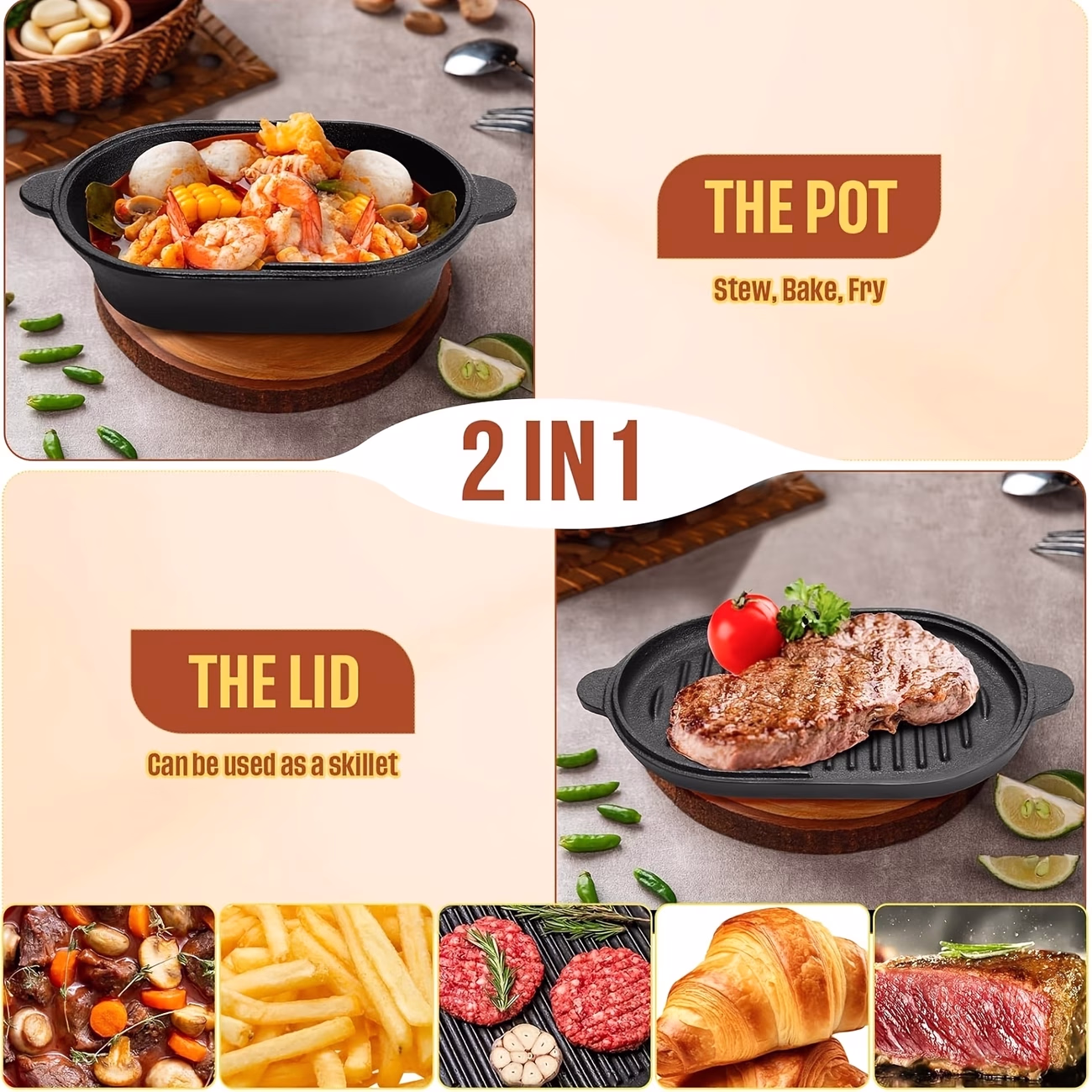 2-in-1 Combo Cooker – Pre-Seasoned Dutch Oven & Stew Pot with Cast Iron Frying & Braising Pan